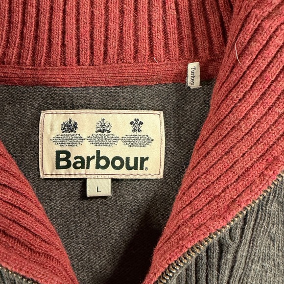 Barbour Jumper Sweater Men's Large 1/4 Zip Olive Green Red Contrast 100% Wool - Picture 4 of 11